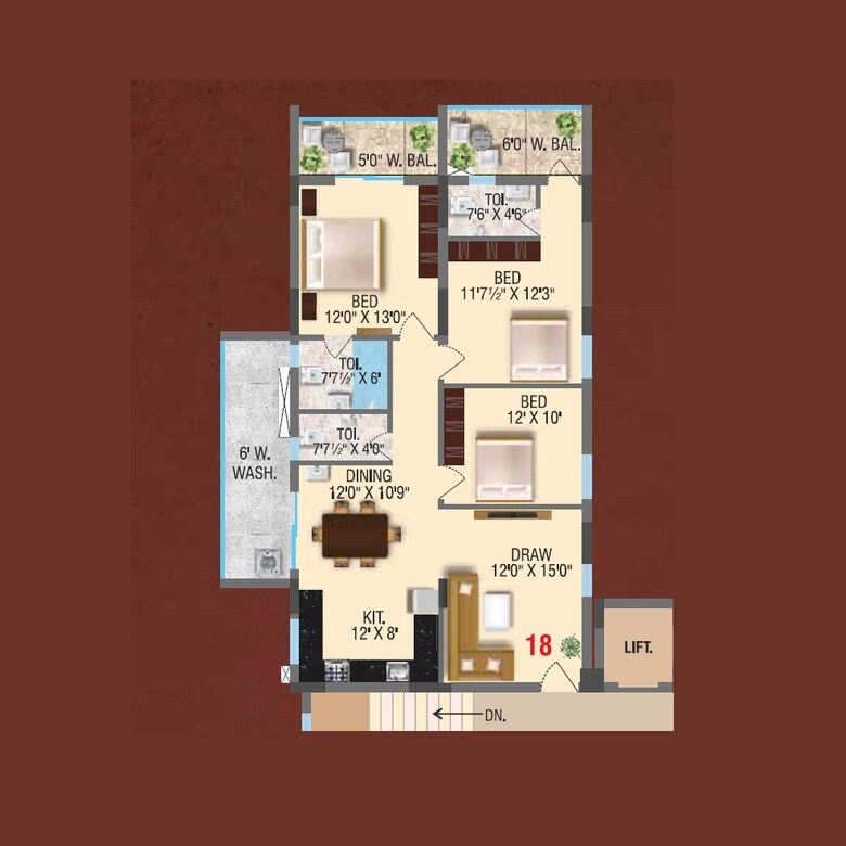 Floor plan of 3 BHK 1614 Sq. Ft. Apartment in RV Vibhuman, Hyderabad