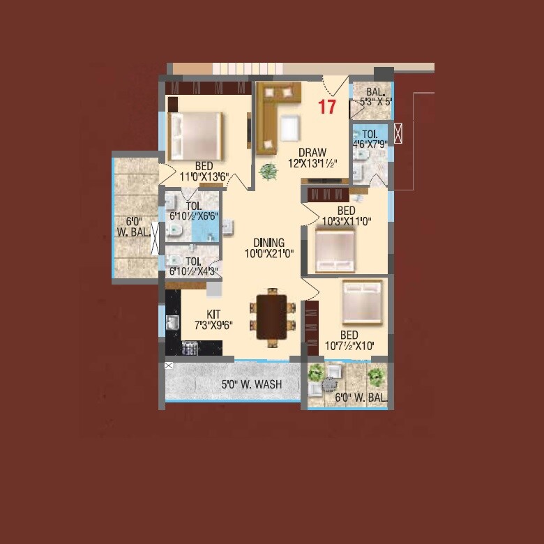 Floor plan of 3 BHK 1862 Sq. Ft. Apartment in RV Vibhuman, Hyderabad