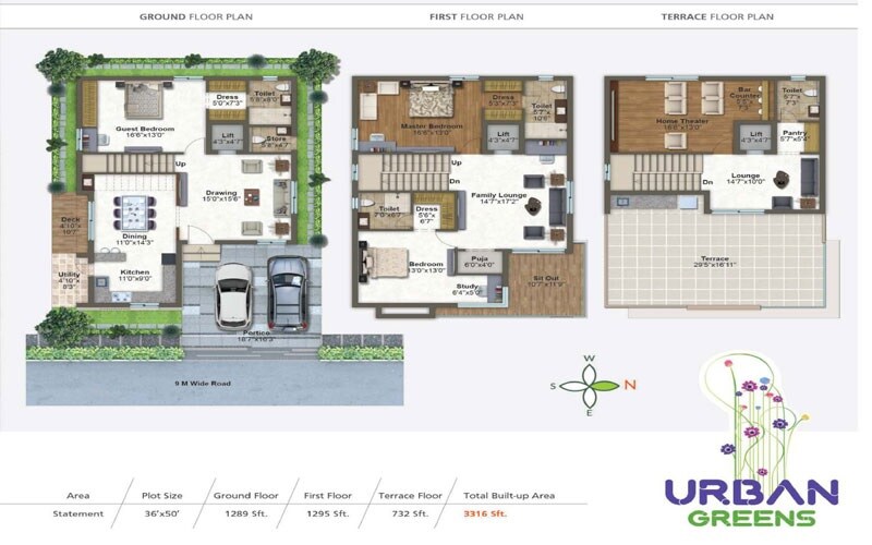 Floor plan of 3 BHK 3316 Sq. Ft. Villa in S Square Urban Greens, Hyderabad