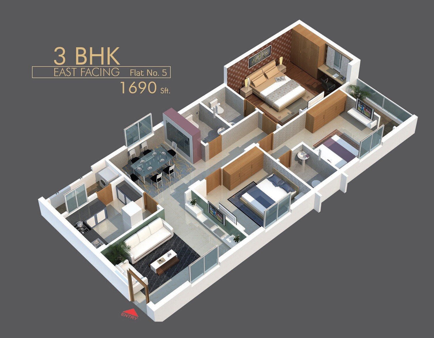 Floor plan of 3 BHK 1690 Sq. Ft. Apartment in Saaghar Bhuvana, Hyderabad