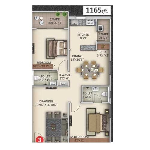 Floor plan of 2 BHK 1165 Sq. Ft. Apartment in Saanvee Civitas, Hyderabad
