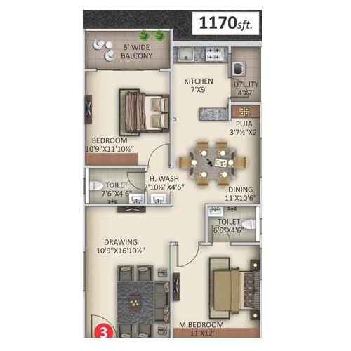 Floor plan of 2 BHK 1170 Sq. Ft. Apartment in Saanvee Civitas, Hyderabad