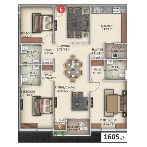 Floor plan of 3 BHK 1605 Sq. Ft. Apartment in Saanvee Civitas, Hyderabad