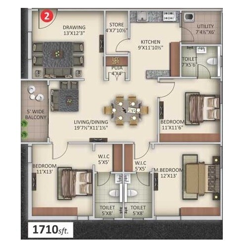 Floor plan of 3 BHK 1710 Sq. Ft. Apartment in Saanvee Civitas, Hyderabad