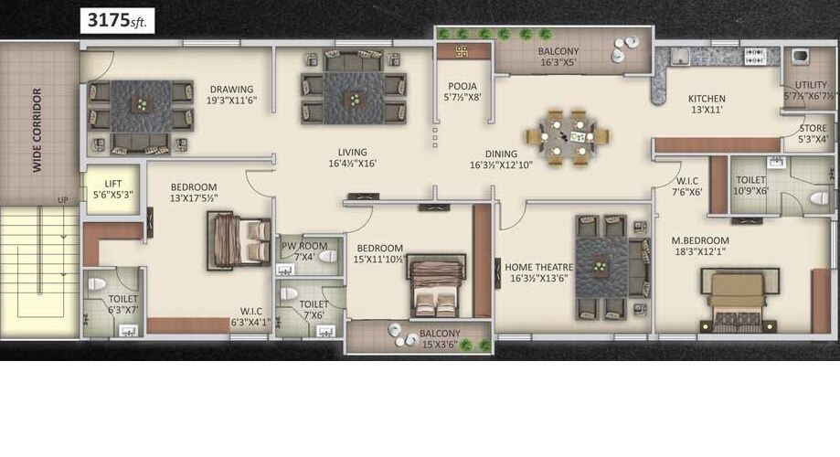 Floor plan of 3 BHK 3175 Sq. Ft. Apartment in Saanvee Civitas, Hyderabad