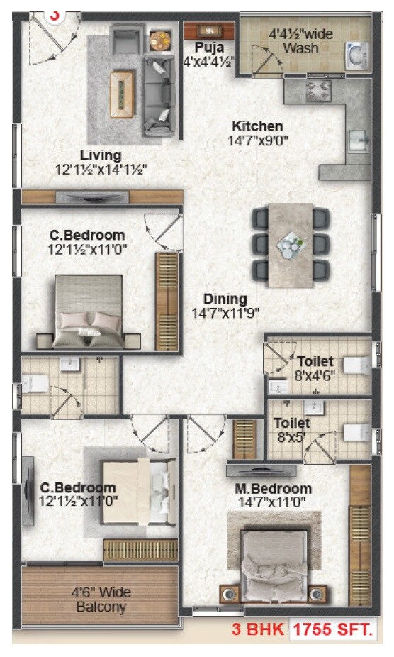 Floor plan of 3 BHK 1755 Sq. Ft. Apartment in Saanvi Ambience Homes, Hyderabad