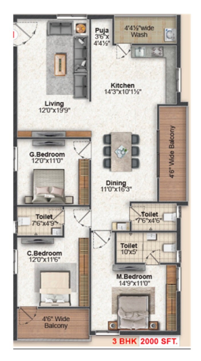 Floor plan of 3 BHK 2000 Sq. Ft. Apartment in Saanvi Ambience Homes, Hyderabad