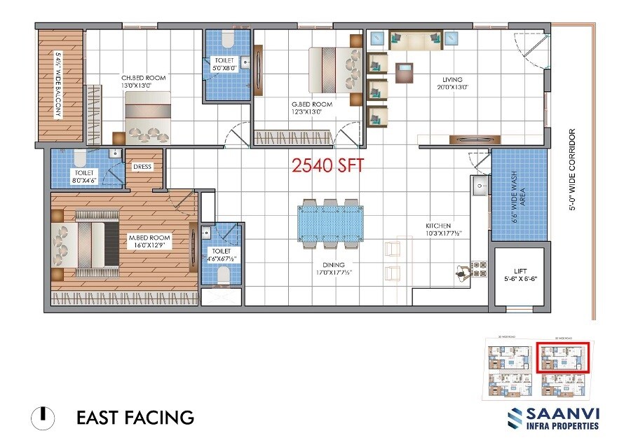 Floor plan of 3 BHK 2540 Sq. Ft. Apartment in Saanvi Antalya Homes, Hyderabad