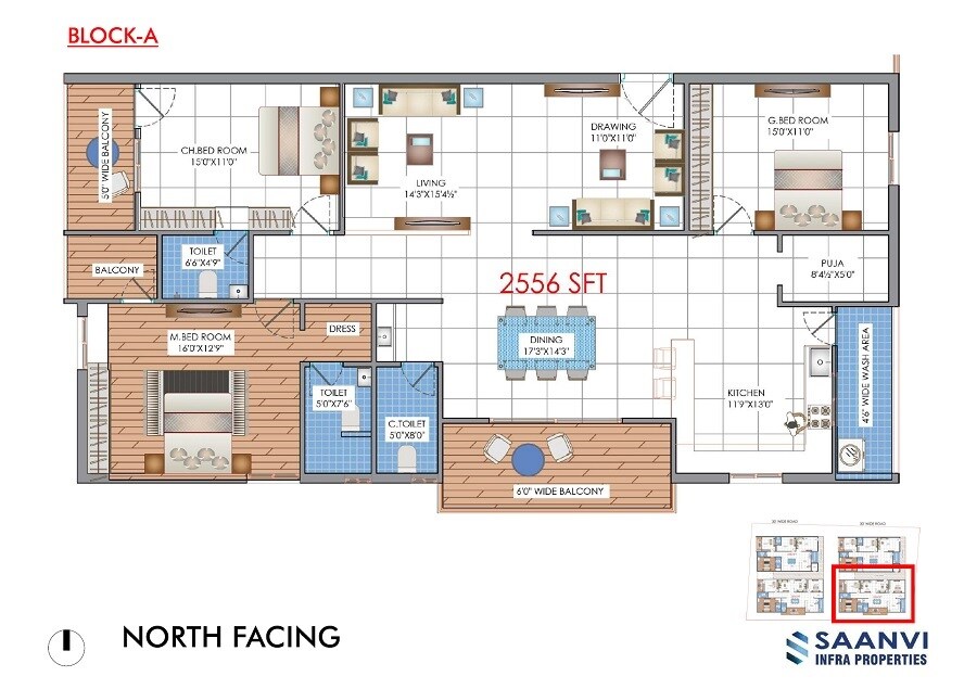 Floor plan of 3 BHK 2556 Sq. Ft. Apartment in Saanvi Antalya Homes, Hyderabad