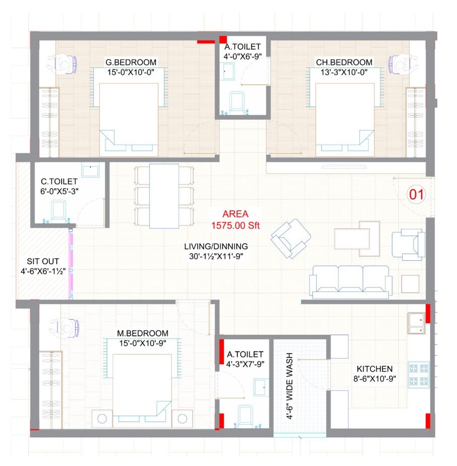 Floor plan of 3 BHK 1575 Sq. Ft. Apartment in Saanvi Aranya Homes, Hyderabad