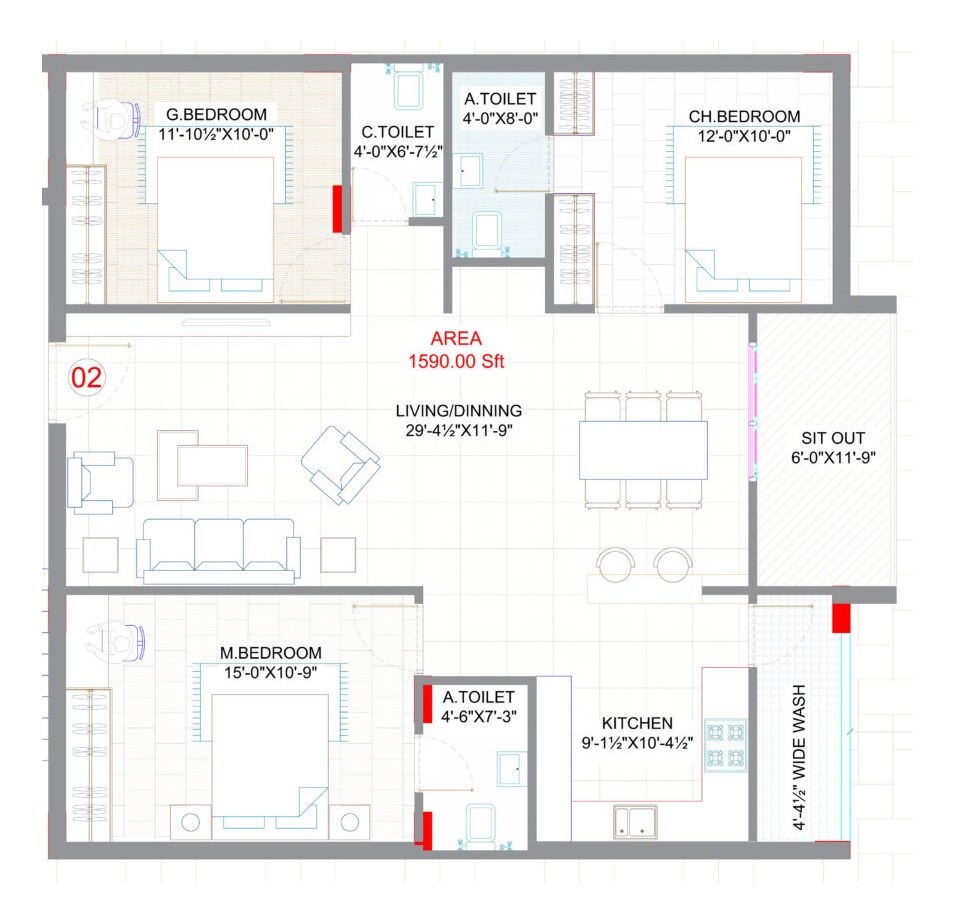 Floor plan of 3 BHK 1590 Sq. Ft. Apartment in Saanvi Aranya Homes, Hyderabad