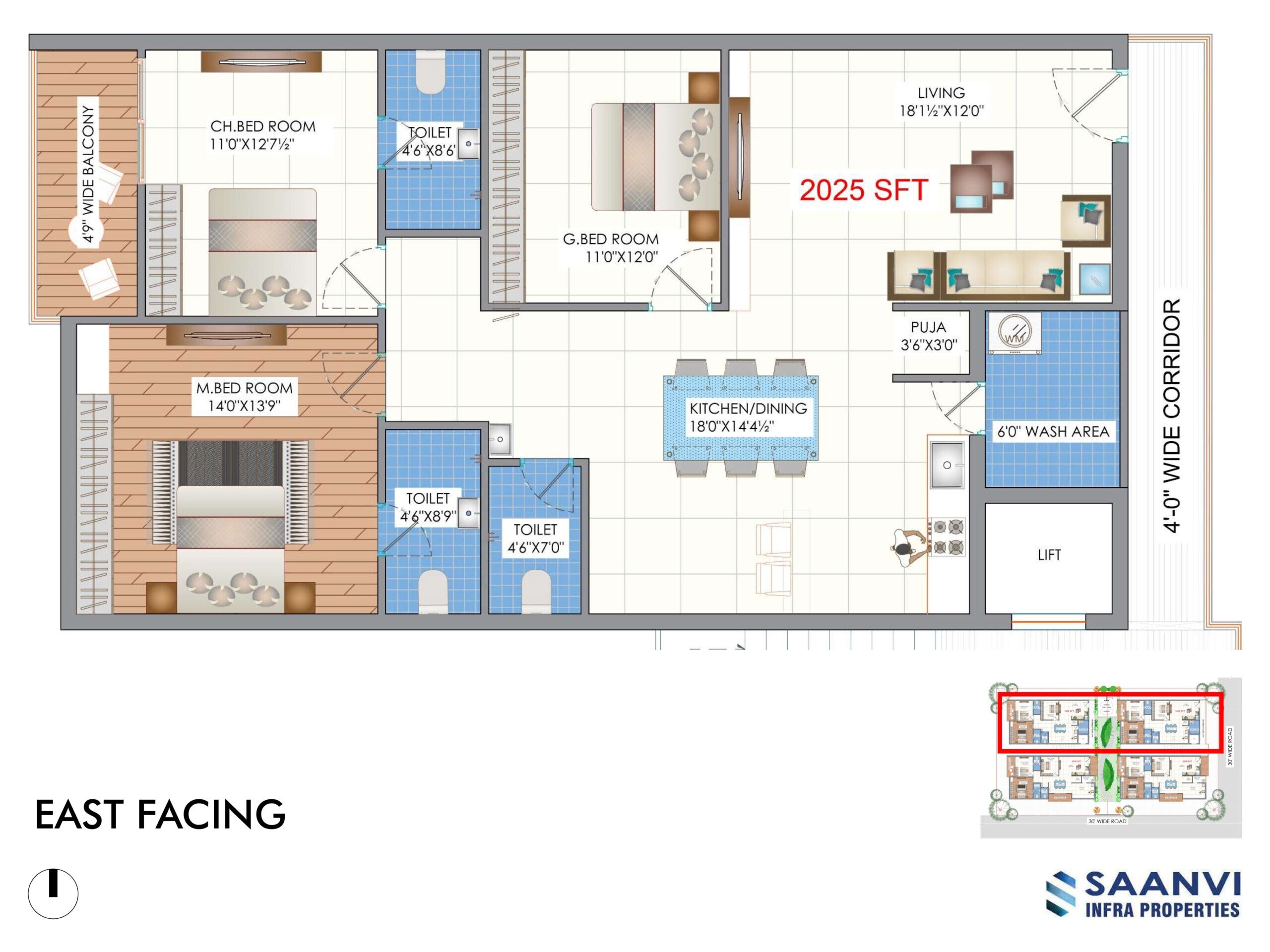 Floor plan of 3 BHK 2025 Sq. Ft. Apartment in Saanvi Arena Homes, Hyderabad