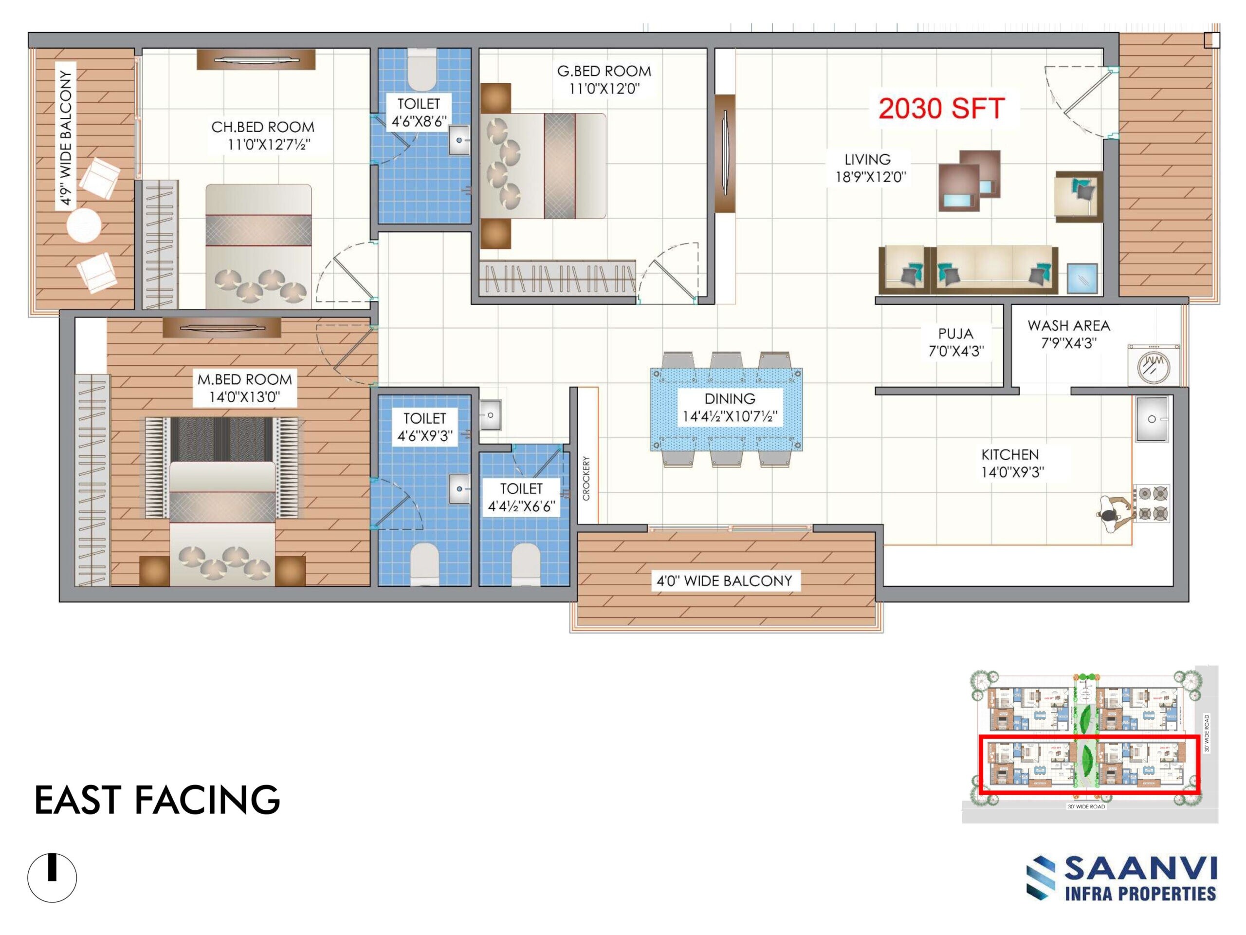 Floor plan of 3 BHK 2030 Sq. Ft. Apartment in Saanvi Arena Homes, Hyderabad