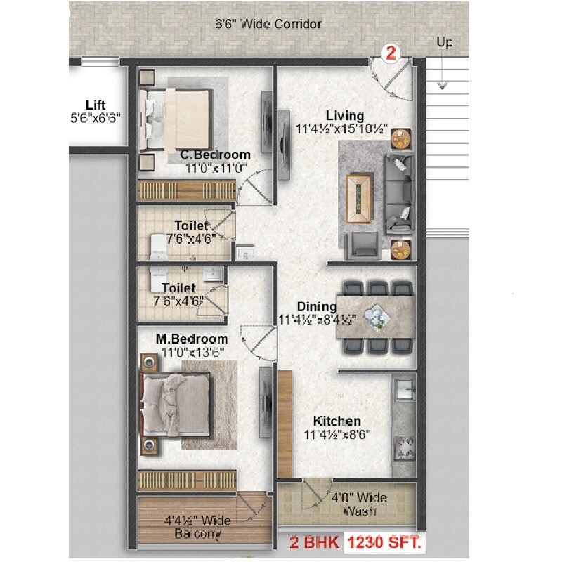 Floor plan of 2 BHK 1230 Sq. Ft. Apartment in Saanvi Athena Homes, Hyderabad