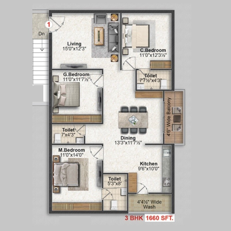 Floor plan of 3 BHK 1660 Sq. Ft. Apartment in Saanvi Athena Homes, Hyderabad