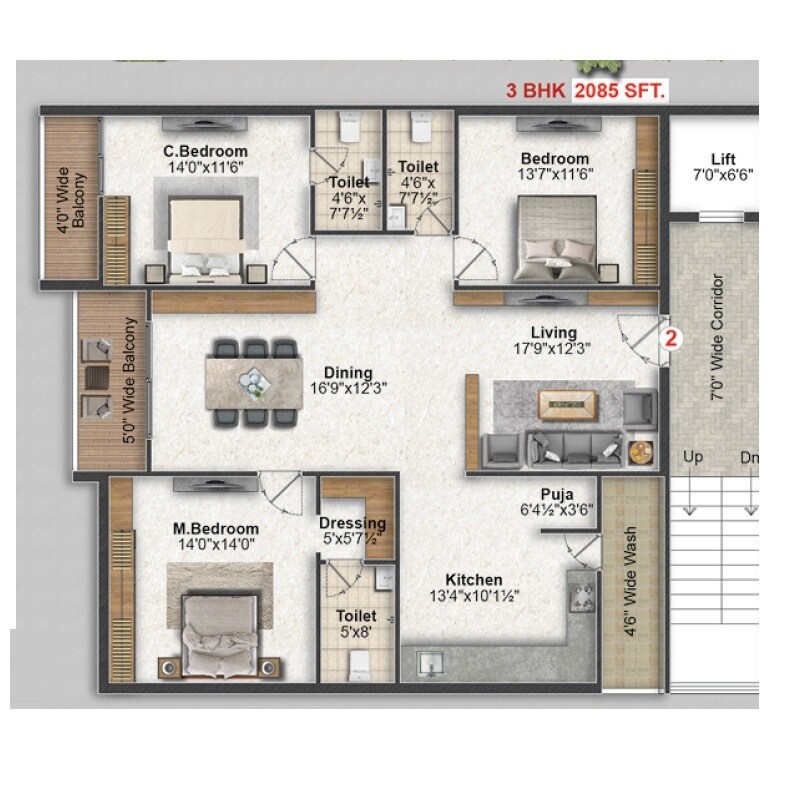 Floor plan of 3 BHK 2085 Sq. Ft. Apartment in Saanvi Athena Homes, Hyderabad