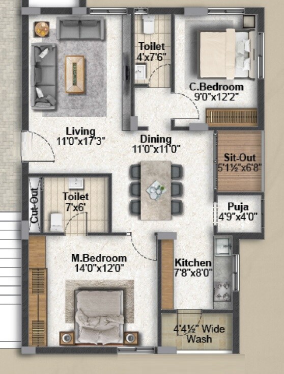 Floor plan of 2 BHK 1204 Sq. Ft. Apartment in Saanvi Aurelia Homes, Hyderabad