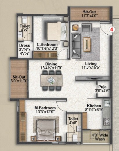 Floor plan of 2 BHK 1353 Sq. Ft. Apartment in Saanvi Aurelia Homes, Hyderabad