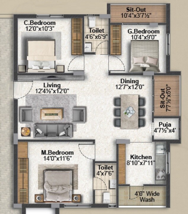 Floor plan of 3 BHK 1400 Sq. Ft. Apartment in Saanvi Aurelia Homes, Hyderabad