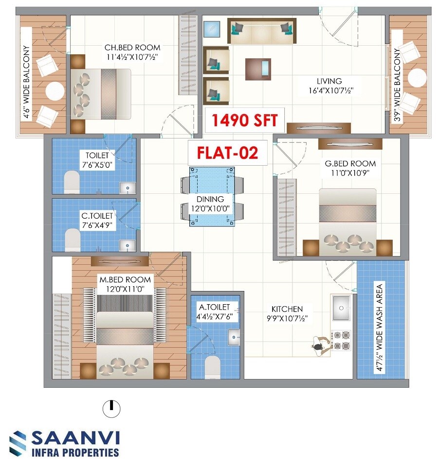 Floor plan of 3 BHK 1490 Sq. Ft. Apartment in Saanvi Ayla Homes, Hyderabad