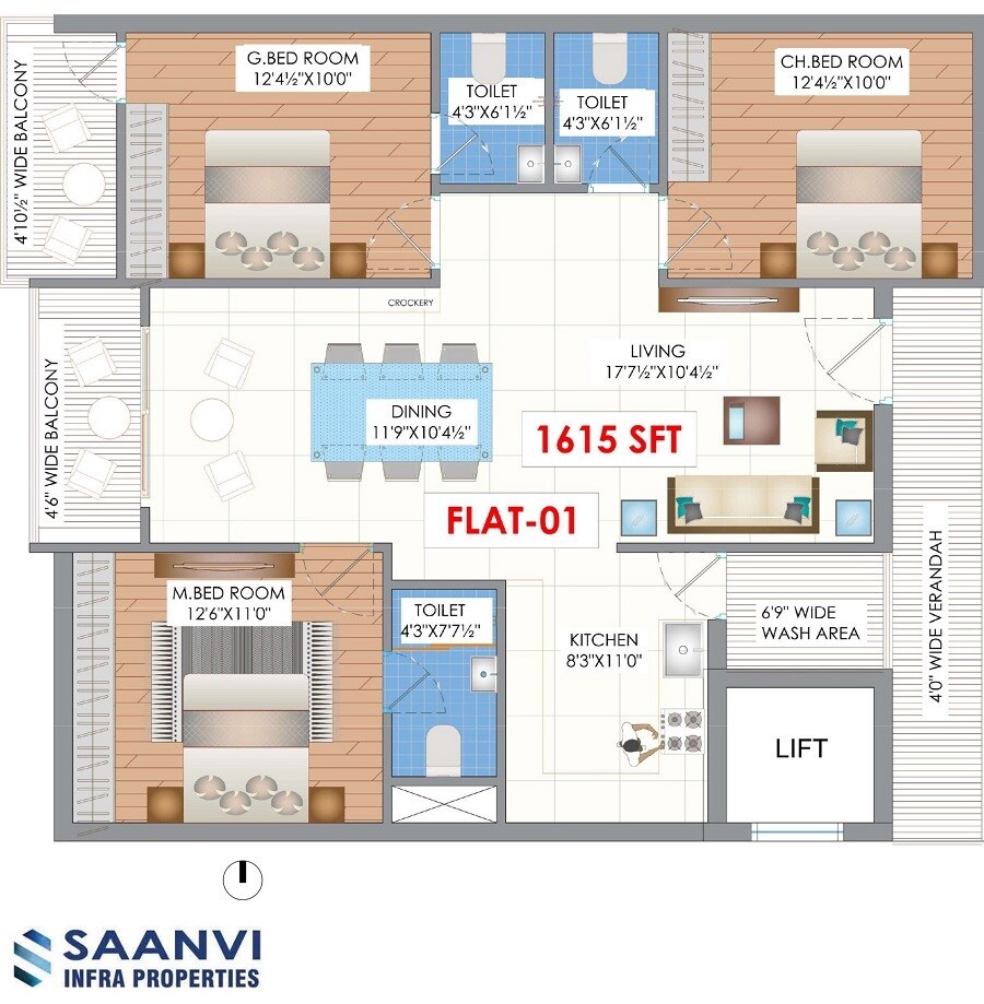 Floor plan of 3 BHK 1615 Sq. Ft. Apartment in Saanvi Ayla Homes, Hyderabad