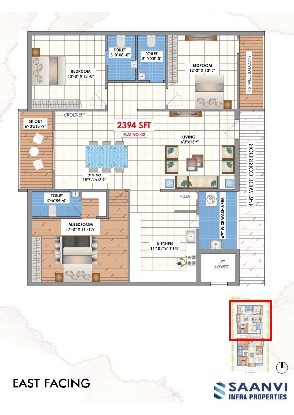 Floor plan of 3 BHK 2394 Sq. Ft. Apartment in Saanvi Srinilayam, Hyderabad