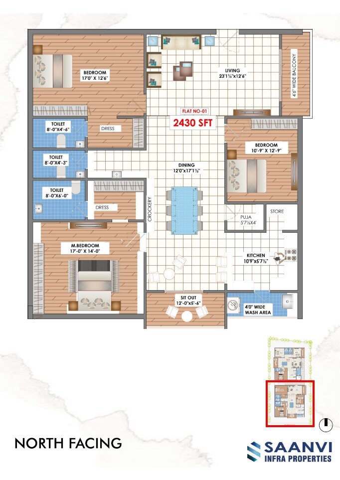 Floor plan of 3 BHK 2430 Sq. Ft. Apartment in Saanvi Srinilayam, Hyderabad