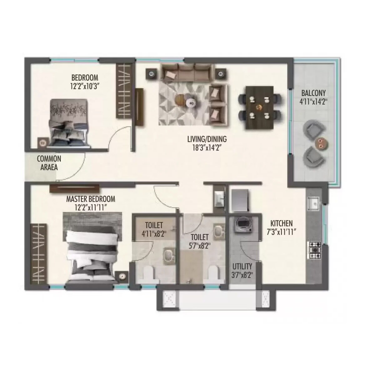 Floor plan of 2 BHK 1358 Sq. Ft. Apartment in Sahasram The Ananda, Hyderabad