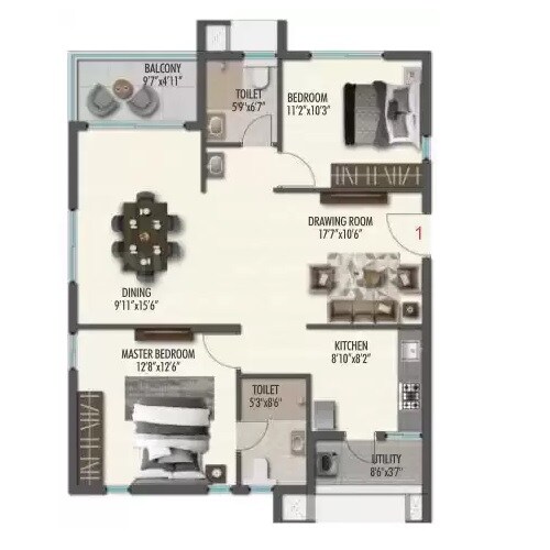 Floor plan of 2 BHK 1364 Sq. Ft. Apartment in Sahasram The Ananda, Hyderabad