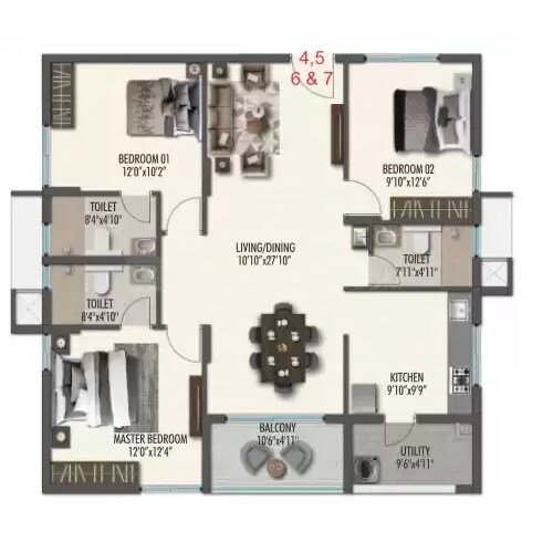 Floor plan of 3 BHK 1623 Sq. Ft. Apartment in Sahasram The Ananda, Hyderabad