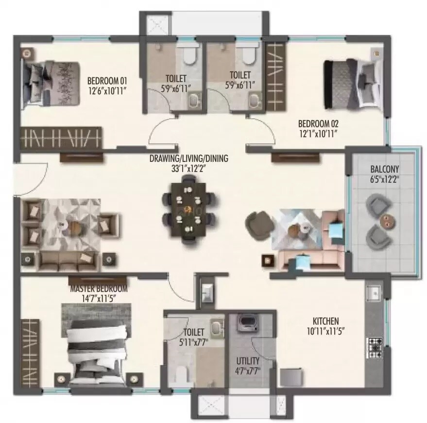 Floor plan of 3 BHK 1942 Sq. Ft. Apartment in Sahasram The Ananda, Hyderabad