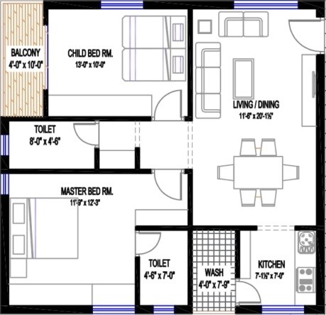 Floor plan of 2 BHK 1130 Sq. Ft. Apartment in Sahiti Sishta Abode, Hyderabad