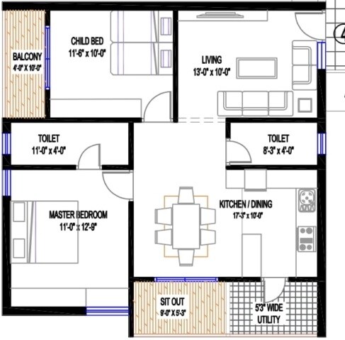 Floor plan of 2 BHK 1180 Sq. Ft. Apartment in Sahiti Sishta Abode, Hyderabad