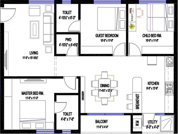 Floor plan of 3 BHK 1450 Sq. Ft. Apartment in Sahiti Sishta Abode, Hyderabad