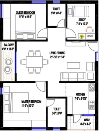 Floor plan of 3 BHK 1485 Sq. Ft. Apartment in Sahiti Sishta Abode, Hyderabad