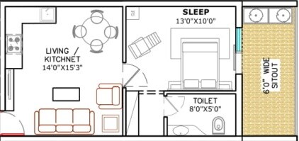 Floor plan of 1 BHK 900 Sq. Ft. Apartment in Sahithi Sitara Residential, Hyderabad