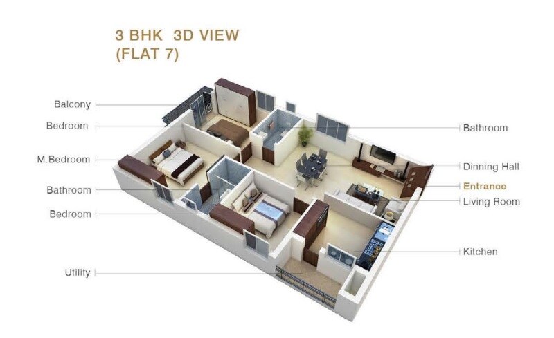 Floor plan of 3 BHK 1450 Sq. Ft. Apartment in Sahiti Karthikeya Panorama, Hyderabad