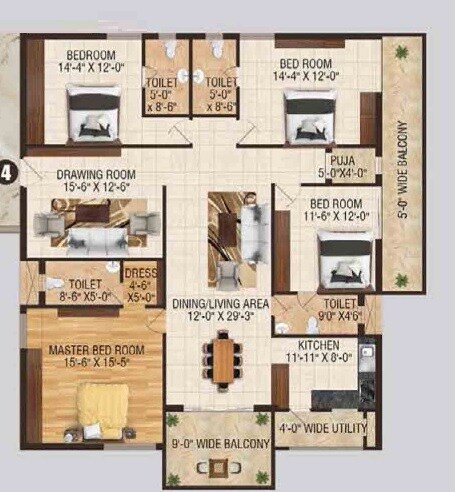 Floor plan of 4 BHK 2550 Sq. Ft. Apartment in Sahiti Karthikeya Panorama, Hyderabad