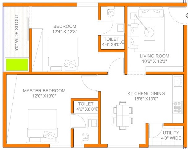 Floor plan of 2 BHK 927 Sq. Ft. Apartment in Sahiti Sarvani Elite, Hyderabad
