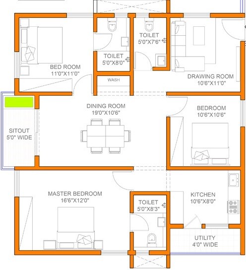 Floor plan of 3 BHK 1260 Sq. Ft. Apartment in Sahiti Sarvani Elite, Hyderabad