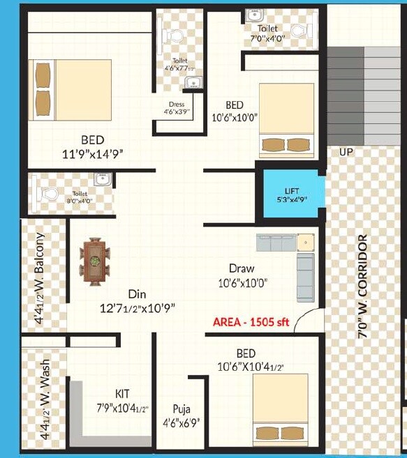 Floor plan of 3 BHK 1505 Sq. Ft. Apartment in Sai Akshay Magnus Residency, Hyderabad
