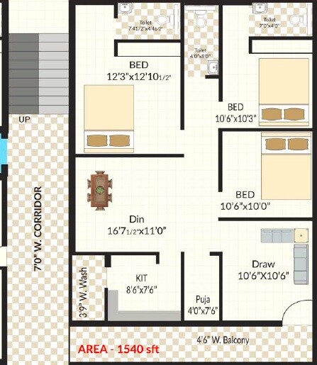 3 BHK 1540 Sq. Ft. Apartment