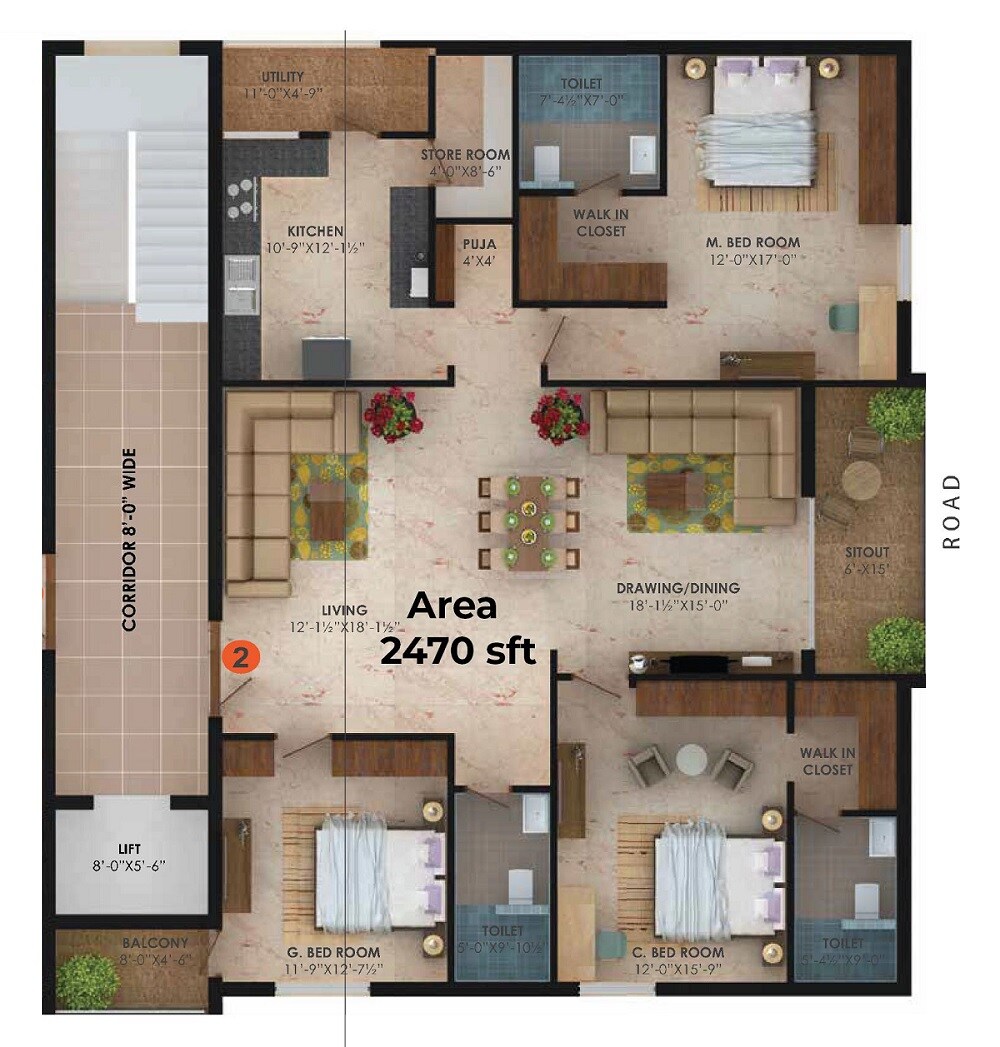 Floor plan of 3 BHK 2470 Sq. Ft. Apartment in Sai Anjani Awaas, Hyderabad