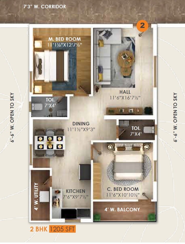 Floor plan of 2 BHK 1205 Sq. Ft. Apartment in Sai Forest Meadows, Hyderabad
