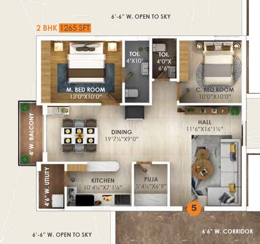 Floor plan of 2 BHK 1265 Sq. Ft. Apartment in Sai Forest Meadows, Hyderabad