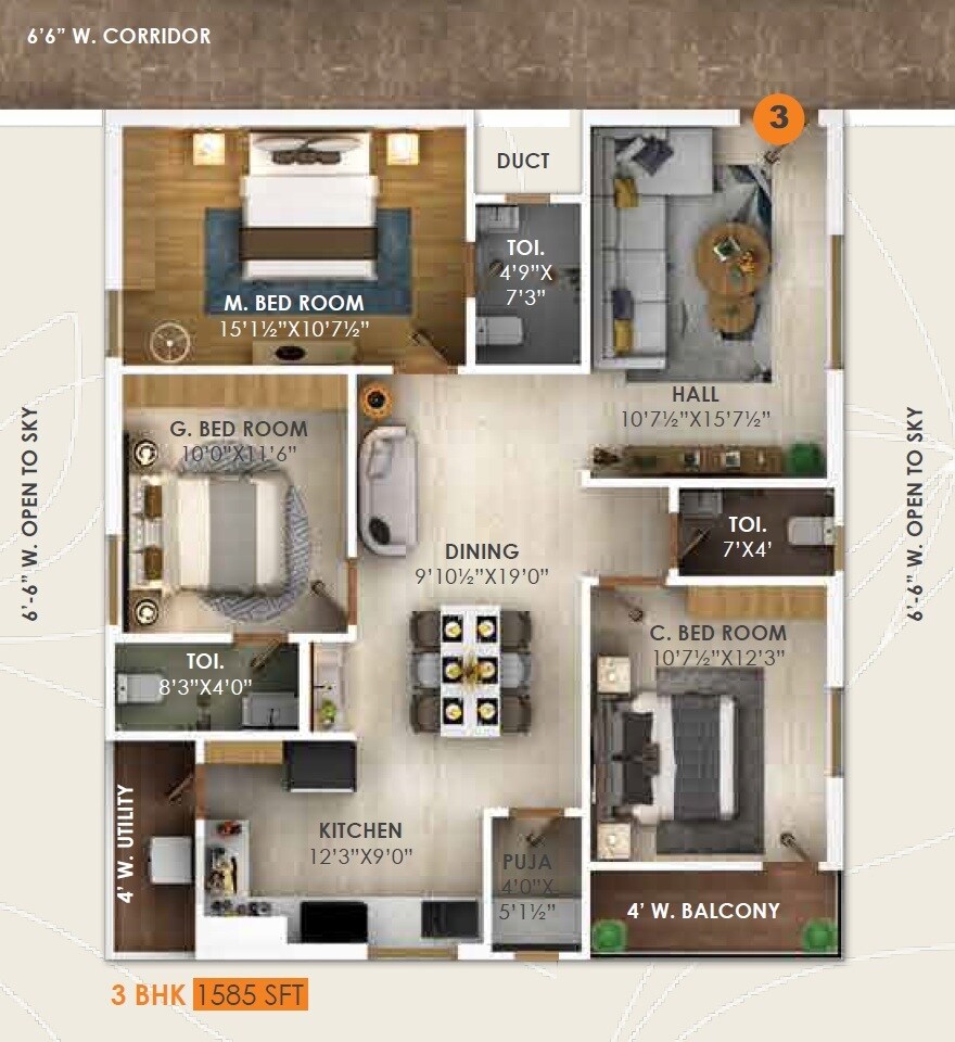 Floor plan of 3 BHK 1585 Sq. Ft. Apartment in Sai Forest Meadows, Hyderabad