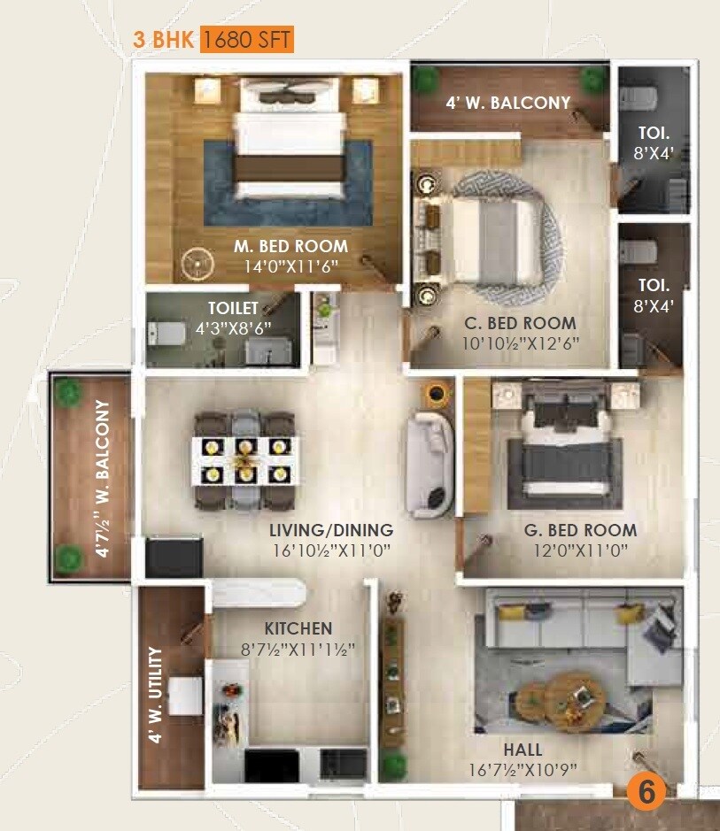 Floor plan of 3 BHK 1680 Sq. Ft. Apartment in Sai Forest Meadows, Hyderabad