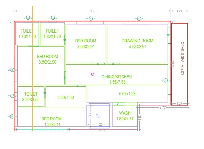 Floor plan of 3 BHK 1650 Sq. Ft. Apartment in Sai Garuda, Hyderabad
