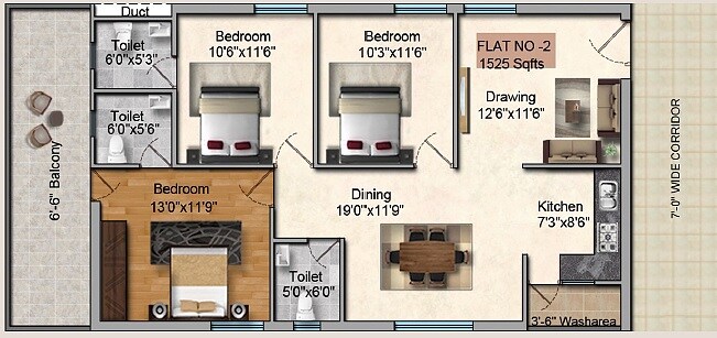 Floor plan of 3 BHK 1525 Sq. Ft. Apartment in Sai Jyothi Keerthi Signature, Hyderabad
