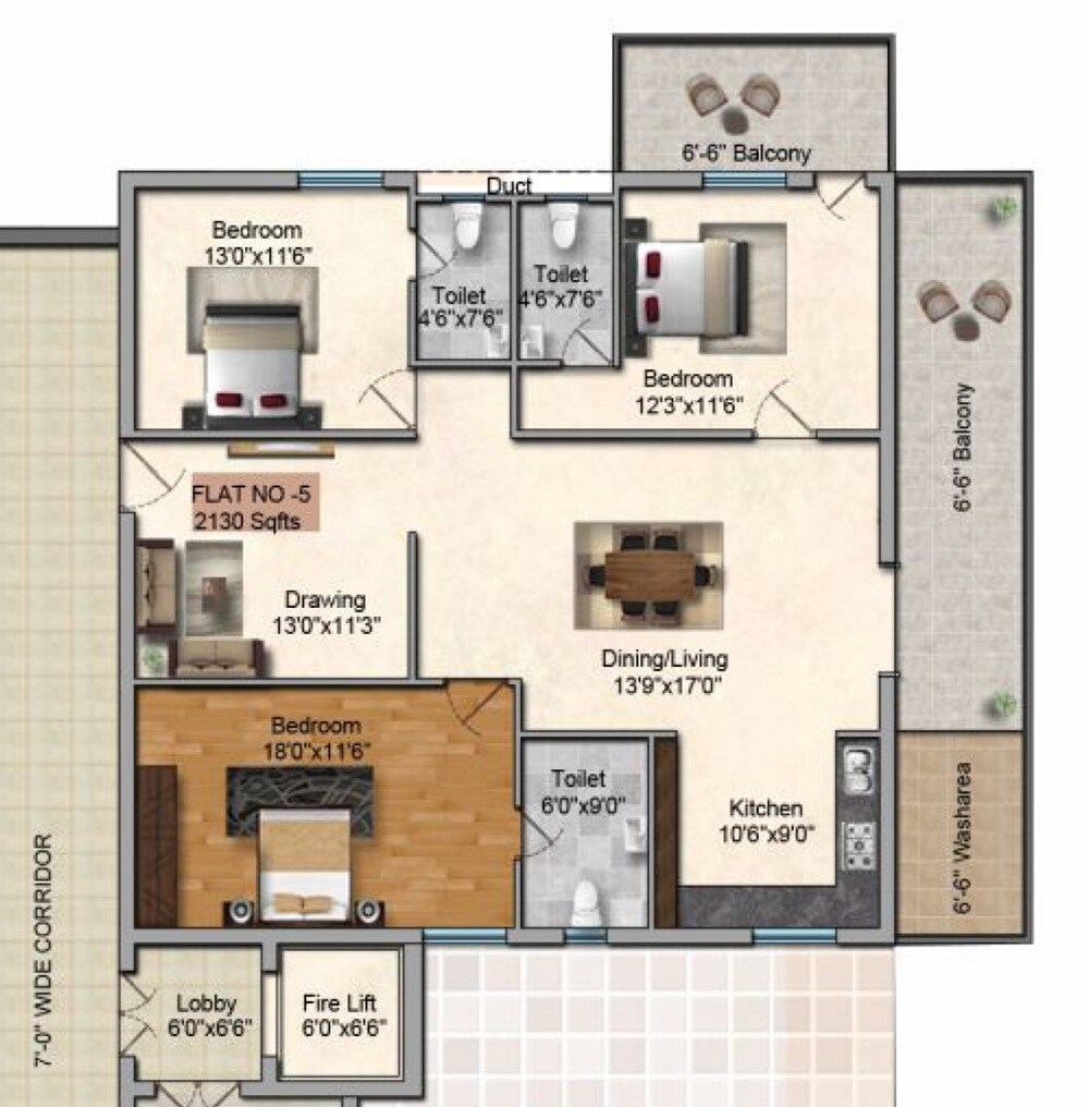 Floor plan of 3 BHK 2130 Sq. Ft. Apartment in Sai Jyothi Keerthi Signature, Hyderabad